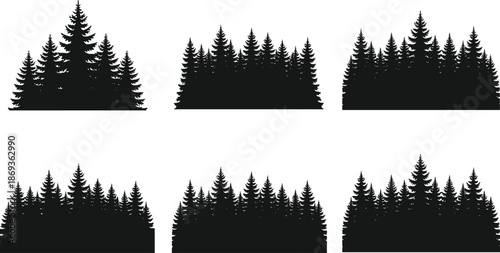 Conifer tree cluster silhouettes in black, pine forest shapes, nature vector elements, evergreen woodland design, landscape illustration
