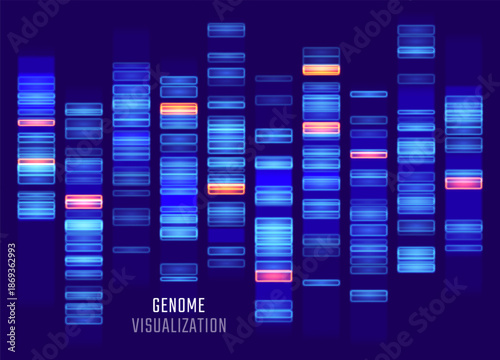 Genomic data visualization. Abstract DNA sequencing and genome mapping graphics. Scientific concept for medical research, biotechnology, and genetic testing. Vector illustration.