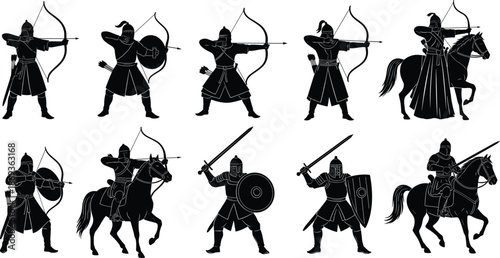 Medieval warrior silhouette set with archers, swordsmen, mounted fighters, black vector combat poses, historical battle illustration