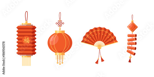 vector illustration of Colorful Red Chinese Lanterns And Hanging Decorations For Chinese New Year Celebration.