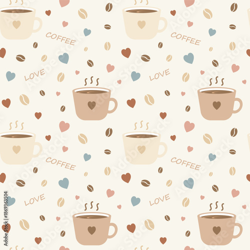 A seamless pattern of a coffee cup featuring colorful hearts and coffee beans scattered across a yellow background. Vector illustration.