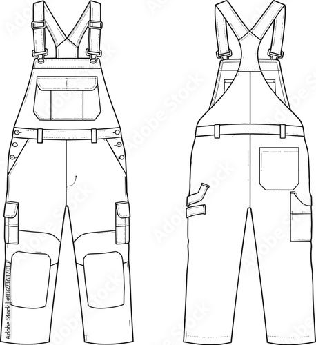 Technical fashion sketch of overalls front and back, utility pockets, straps, workwear vector drawing, garment construction blueprint