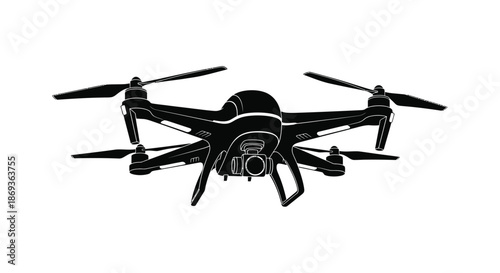 A black drone with four rotors shown in dramatic silhouette