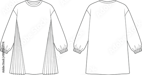 Long sleeve dress technical flat sketch with side pleats elastic cuffs round neckline women apparel front and back view