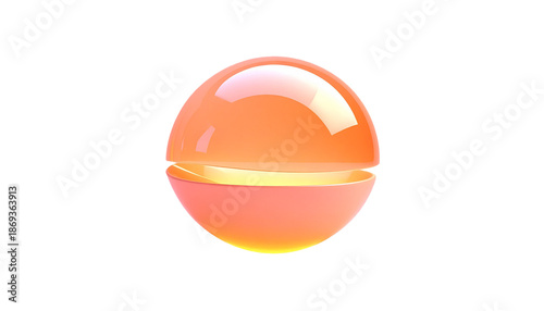 Split, translucent sphere, orange hue, on a black background, glossy surface