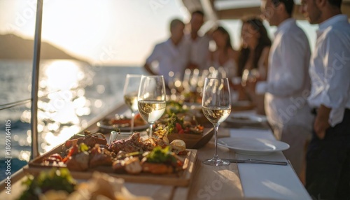 Elegant yacht party with gourmet food and drinks at sunset.