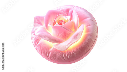 A glowing pink rose emerging from a circular, velvety cushion