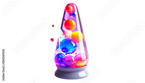 Colorful lava lamp with multiple spheres inside a translucent glass bottle