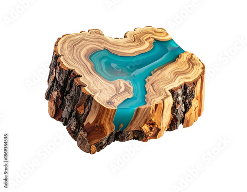 Cross-section of wood with river of turquoise epoxy resin