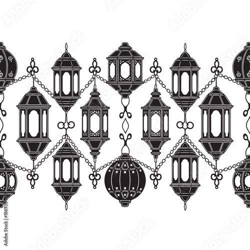 Repeat Pattern of Ornamental Hanging Lanterns in Black and White.