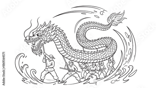 Stylized Ink Dragon and Warrior: A Traditional Cultural Illustration of Myth and Legend.