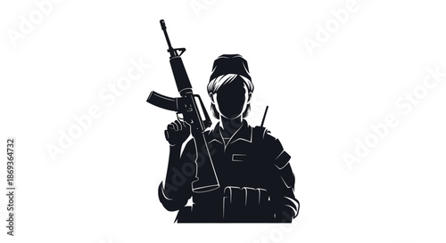Armed soldier standing with a rifle detailed black and white silhouette