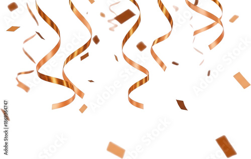 Cascading metallic copper streamers and confetti pieces falling dynamically creating a festive celebratory atmosphere celebration party gold decoration transparent background