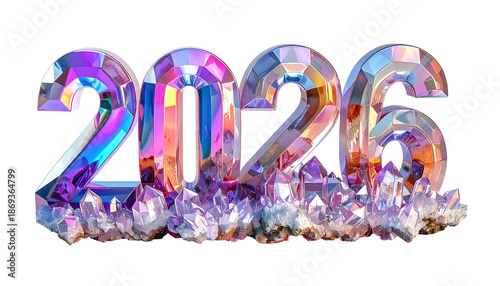 Sparkling, multi-colored gem digits with crystal base forming the year 2026