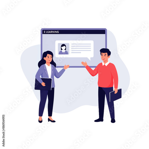 Online webinar learning illustration in cute flat vector style for virtual seminars, digital education events, and remote learning audiences