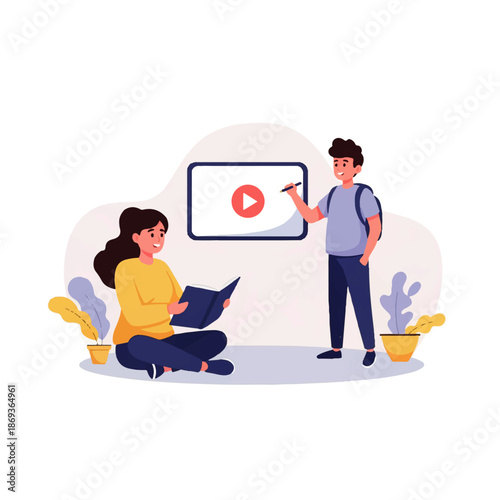 Online group project illustration in cute flat vector style for collaborative learning, teamwork education, and virtual classrooms