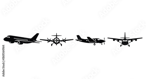 Various aircraft types in a dark contrasting silhouette