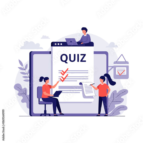 Online quiz and assessment illustration in cute flat vector style for e learning platforms, student evaluation, and digital testing systems