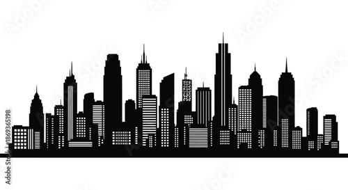 A striking black and white cityscape view presented as a silhouette