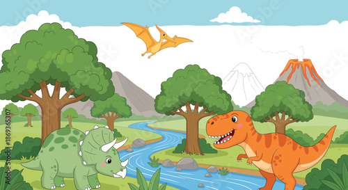 Cute prehistoric landscape with dinosaurs, volcano, mountains, river, and lush trees in a colorful cartoon nature scene