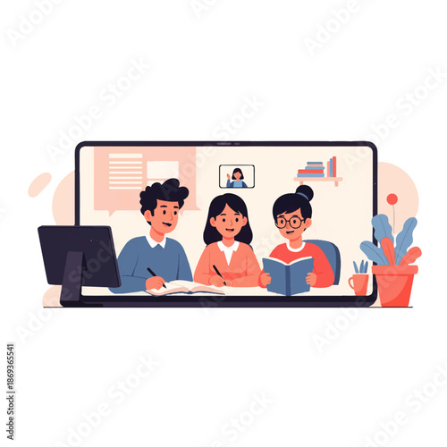Online mentoring illustration in cute flat vector style for digital coaching, virtual education guidance, and student support systems