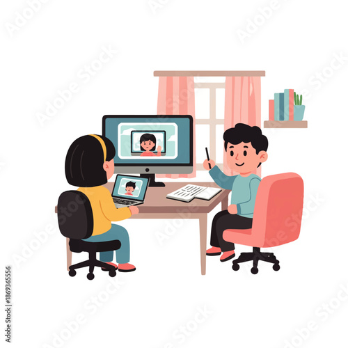 Teacher feedback e learning illustration in cute flat vector style for digital education platforms, student evaluation, and online mentoring