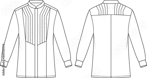 Technical Fashion Flat Sketch of Long Sleeve Mandarin Collar Tunic with Pleated Panel, Front and Back Views, Apparel Design Illustration