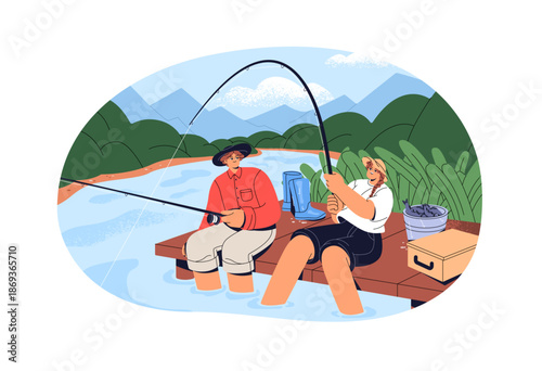 Happy couple is fishing together on wooden pier. Fishermen with angling rods catch fish in lake. People do fishery on river bank in summer. Flat isolated vector illustration on white background