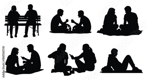 People interacting in various seated positions a collection of dark shapes silhouette