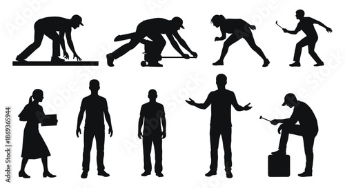 Diverse human figures in various poses presented as a black silhouette