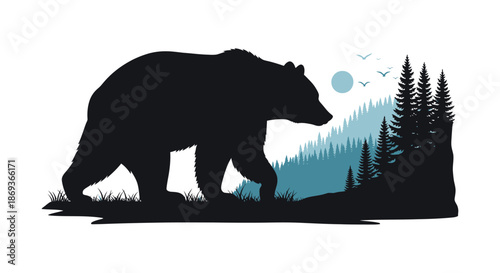 Majestic bear walking in a forest landscape a striking silhouette