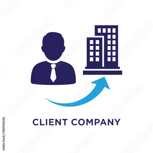 Businessman icon transferring to client company building in simple flat design with blue color scheme and clean minimalistic style for corporate identity