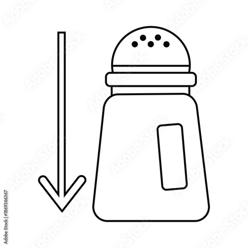 Black and white outline illustration of a salt shaker with a downward pointing arrow indicating movement or direction.