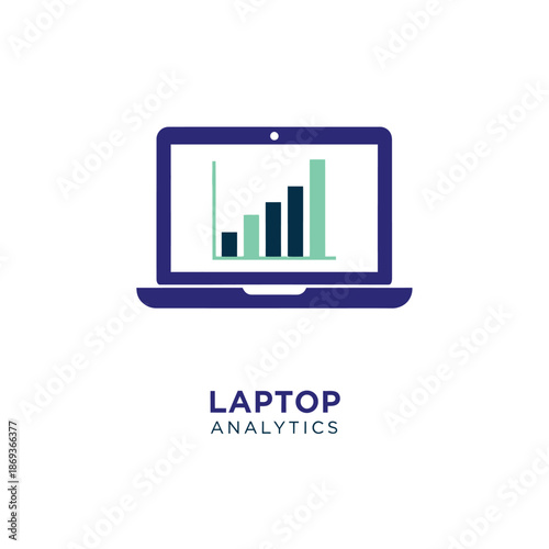 Laptop Analytics Graph in Modern Minimalist Style with Green and Blue Bars in Flat Design for Business Presentation