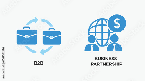 Business Partnership and B2B Collaboration Icons in Simple Flat Design with Blue Color Scheme for Corporate Marketing