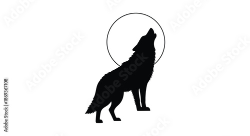 A howling wolf is framed by a circular shape a striking silhouette