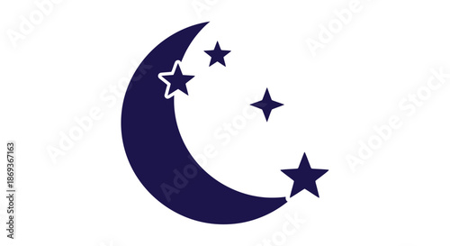 Dark blue crescent moon and stars against a white backdrop silhouette