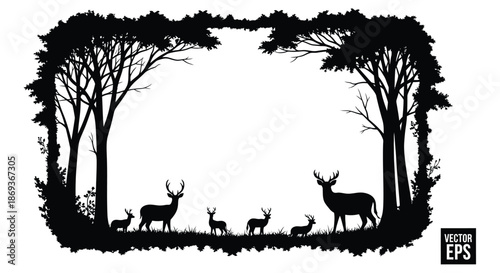 A dark forest scene with deer family framed by trees silhouette