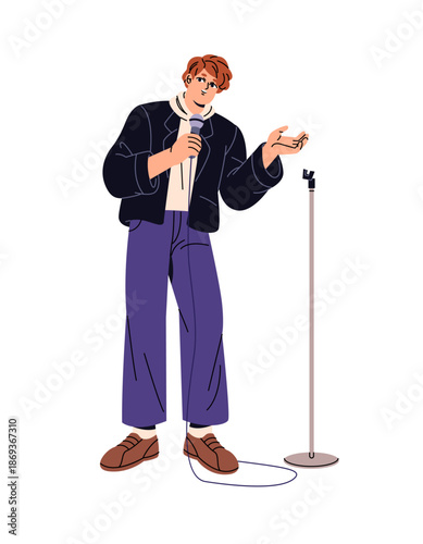Performer with public speaking on stage. Comedian tells jokes in open mic concert. Speaker performs, boy stands, holds microphone on standup show. Flat isolated vector illustration on white background