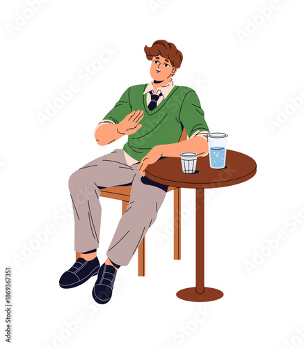 Happy boy sits at the table in cafe and listens to public speaking. Audience of performance smiles and hand gesturing while stand up show. Flat isolated vector illustration on white background