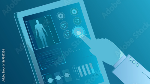 Flat illustration showing digital medical assistant on tablet screen with human body outline