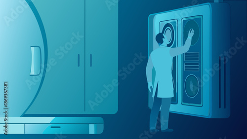 Medical vector illustration of radiologist analyzing mri scan in hospital or clinic setting
