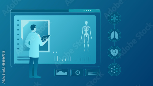 Flat vector illustration of a radiologist interpreting medical images on a large screen
