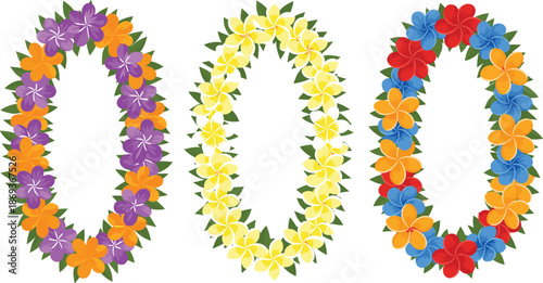 Colorful tropical flower lei wreath vector set featuring Hawaiian garlands, plumeria blossoms, and decorative island floral designs