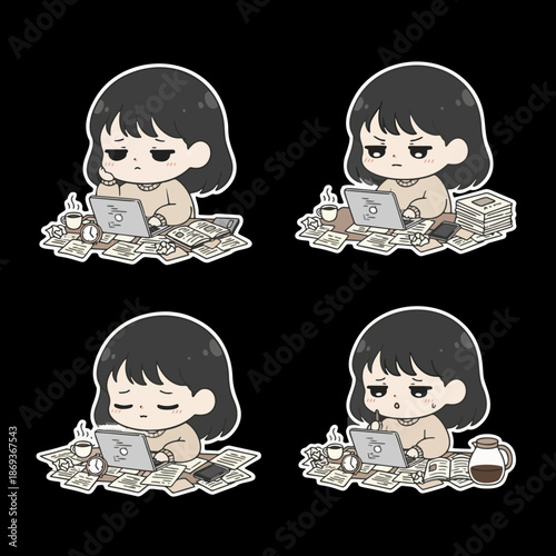 Collection of cute illustrations showing a young, tired character overwhelmed by digital work and studies, with laptops, books, and coffee, emphasizing exhaustion and the desire for rest.