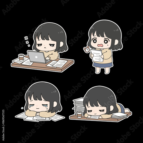 Cartoon character illustration set depicting a young woman overwhelmed by work, suffering from stress, deadlines, and exhaustion at her desk. Concepts of burnout and pressure.