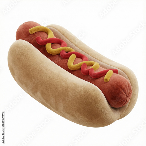 Icon of a hot dog made from 3d velvet showing red sausage and yellow topping with a soft bun design for decor