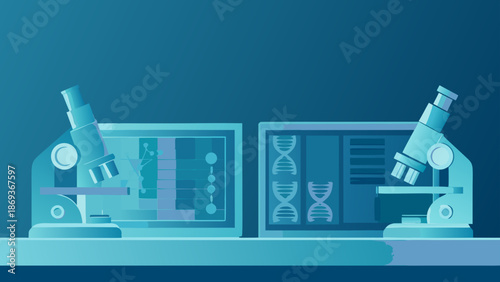 Flat vector illustration of two laboratory microscopes on a blue background with dna graphics