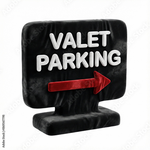 Valet parking sign in 3d velvet design showing direction at an entrance during the day