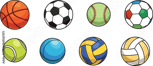 Set of sport balls vector icons including basketball, soccer ball, baseball, tennis ball, volleyball, and playground balls